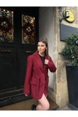 Kadın Kemer Detaylı Astarlı Blazer Ceket Bordo - S