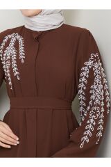 Kadın Yaprak Nakışlı Abaya Ferace Elbise Kahverengi - 38