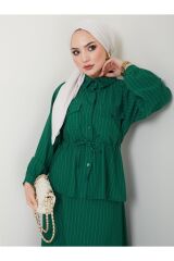 Kadın Çizgili Bel Büzgülü Etekli Takım ZÜMRÜT - S