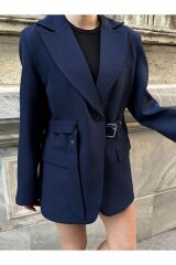 Kadın Kemer Detaylı Astarlı Blazer Ceket Lacivert - L