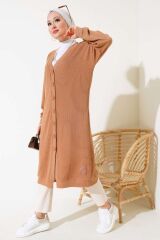 Kadın Boydan Düğmeli Fitilli Uzun Hırka CAMEL - XL