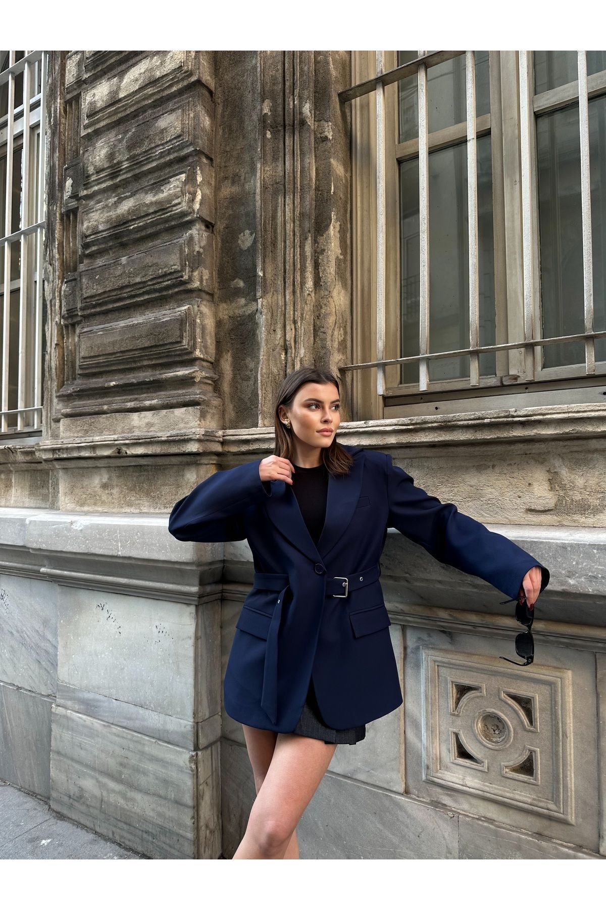 Kadın Kemer Detaylı Astarlı Blazer Ceket Lacivert - S