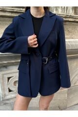 Kadın Kemer Detaylı Astarlı Blazer Ceket Lacivert - S