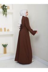 Kadın Yaprak Nakışlı Abaya Ferace Elbise Kahverengi - 46