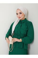 Kadın Çizgili Bel Büzgülü Etekli Takım ZÜMRÜT - XL