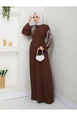 Kadın Yaprak Nakışlı Abaya Ferace Elbise Kahverengi - 44