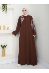 Kadın Yaprak Nakışlı Abaya Ferace Elbise Kahverengi - 44