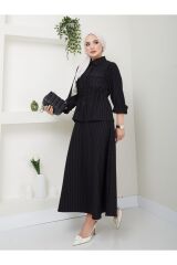 Kadın Çizgili Bel Büzgülü Etekli Takım Siyah - XL