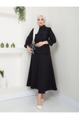 Kadın Çizgili Bel Büzgülü Etekli Takım Siyah - 2XL