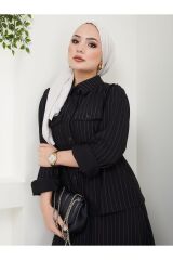 Kadın Çizgili Bel Büzgülü Etekli Takım Siyah - 2XL
