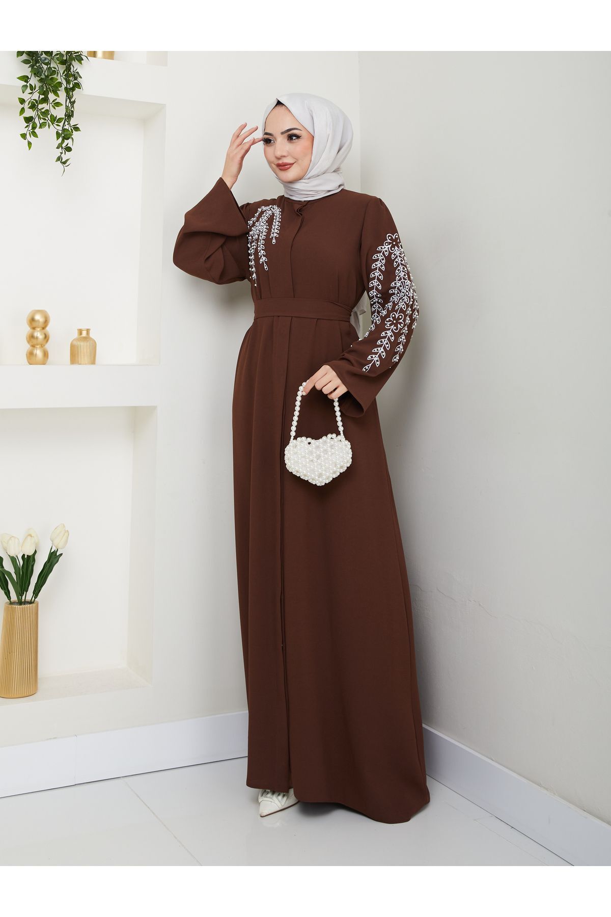 Kadın Yaprak Nakışlı Abaya Ferace Elbise Kahverengi - 42