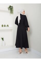 Kadın Çizgili Bel Büzgülü Etekli Takım Siyah - L