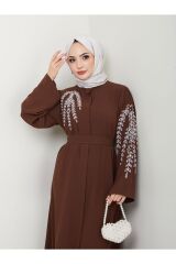 Kadın Yaprak Nakışlı Abaya Ferace Elbise Kahverengi - 40