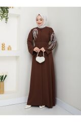 Kadın Yaprak Nakışlı Abaya Ferace Elbise Kahverengi - 40