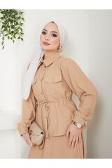 Kadın Çizgili Bel Büzgülü Etekli Takım Bej - S