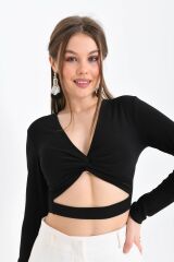 Kadın Bağlama Detaylı Crop Bluz Siyah - S