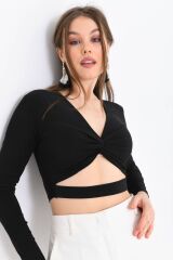 Kadın Bağlama Detaylı Crop Bluz Siyah - S