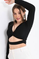 Kadın Bağlama Detaylı Crop Bluz Siyah - S