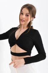 Kadın Bağlama Detaylı Crop Bluz Siyah - S