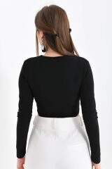 Kadın Bağlama Detaylı Crop Bluz Siyah - S