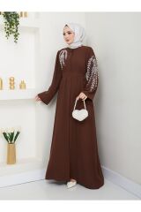 Kadın Yaprak Nakışlı Abaya Ferace Elbise Kahverengi - 48