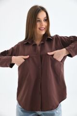 Kadın Önü Cepli Oversize Gömlek Kahverengi - L