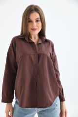 Kadın Önü Cepli Oversize Gömlek Kahverengi - L