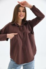 Kadın Önü Cepli Oversize Gömlek Kahverengi - L