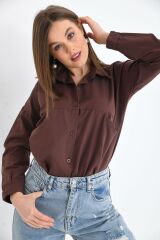 Kadın Önü Cepli Oversize Gömlek Kahverengi - L