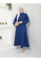 Kadın Çizgili Bel Büzgülü Etekli Takım Mavi - XL