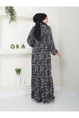 Kadın Hakim Yaka Bel Kemerli Desenli Tesettür Elbise Siyah - XL