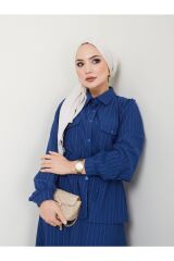 Kadın Çizgili Bel Büzgülü Etekli Takım Mavi - L