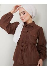 Kadın Çizgili Bel Büzgülü Etekli Takım Kahverengi - XL