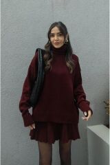 Kadın Pileli Mini Etek Balıkçı Kazak Alt Üst Triko Takım Bordo - Standart
