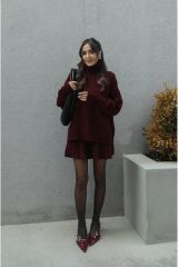 Kadın Pileli Mini Etek Balıkçı Kazak Alt Üst Triko Takım Bordo - Standart