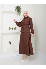 Kadın Çizgili Bel Büzgülü Etekli Takım Kahverengi - 2XL