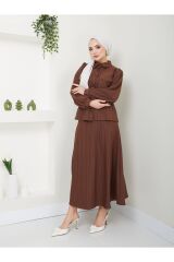 Kadın Çizgili Bel Büzgülü Etekli Takım Kahverengi - 2XL