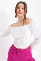 Kadın Büzgü Detaylı Kruvaze Crop Bluz Beyaz - M