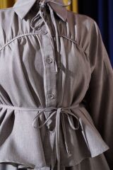 Kadın Önü Büzgülü Etekli Bluz İkili Takım Gri - L/XL