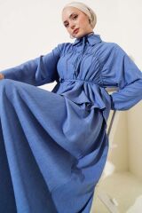Kadın Önü Büzgülü Etekli Bluz İkili Takım Mavi - L/XL