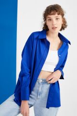 Kadın Saks Mavisi Oversize Uzun Basic Gömlek