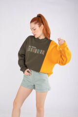 Siyah Barkod Nakışlı Sweatshirt Haki - M