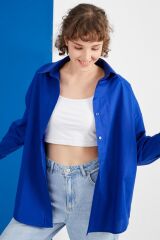 Kadın Saks Mavisi Oversize Uzun Basic Gömlek Saks Mavisi - L