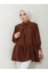 Kadın Fiyonk Detaylı Gömlek Yaka Tesettür Tunik Kahverengi - L/XL