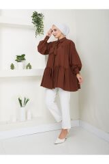 Kadın Fiyonk Detaylı Gömlek Yaka Tesettür Tunik Kahverengi - L/XL