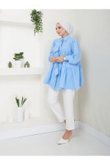 Kadın Fiyonk Detaylı Gömlek Yaka Tesettür Tunik Mavi - L/XL