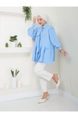 Kadın Fiyonk Detaylı Gömlek Yaka Tesettür Tunik Mavi - L/XL
