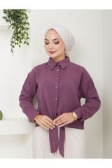 Kadın Viskon Trend Kumaş Bağlamalı Gömlek MÜRDÜM - S/M