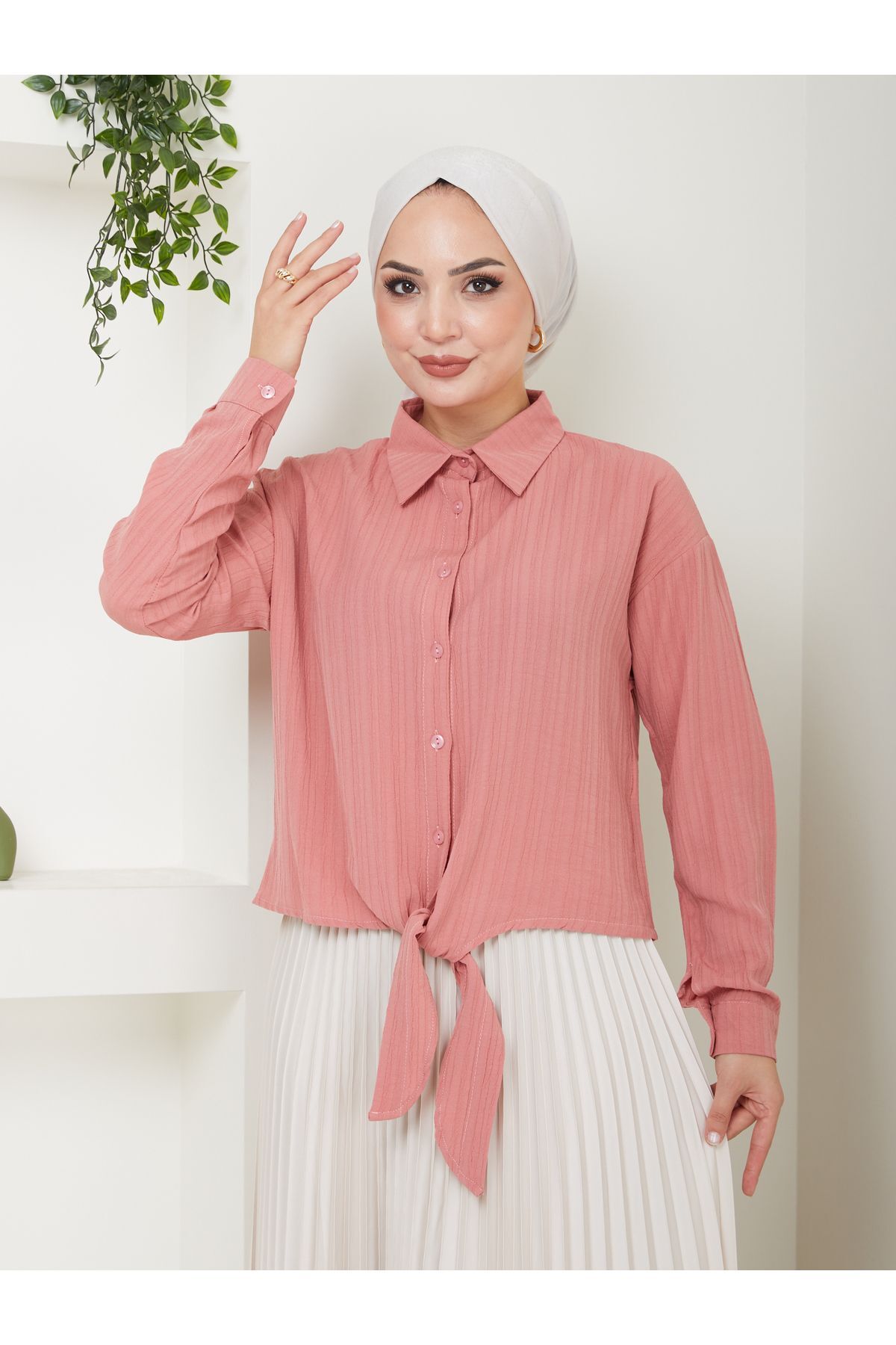 Kadın Viskon Trend Kumaş Bağlamalı Gömlek GÜL - L/XL