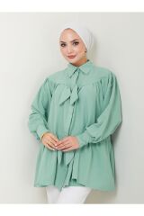 Kadın Fiyonk Detaylı Gömlek Yaka Tesettür Tunik Yeşil - S/M